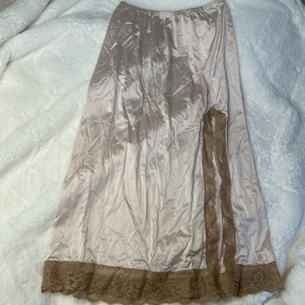 Elegant Cream and Taupe Lace Trim Slip Skirt